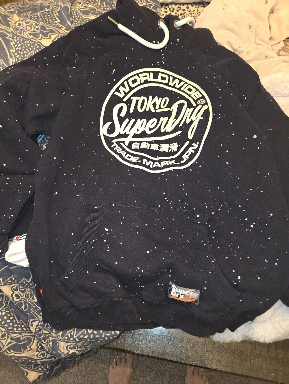 Superdry Men's Black Zip-Up Sweater with White Splatter & Logo